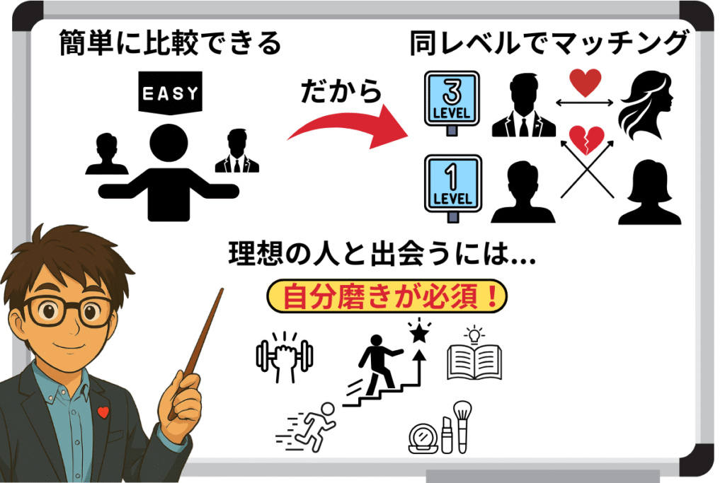 簡単に比較できる だから同レベルでマッチング
理想の人とマッチングするには自分磨きが必須