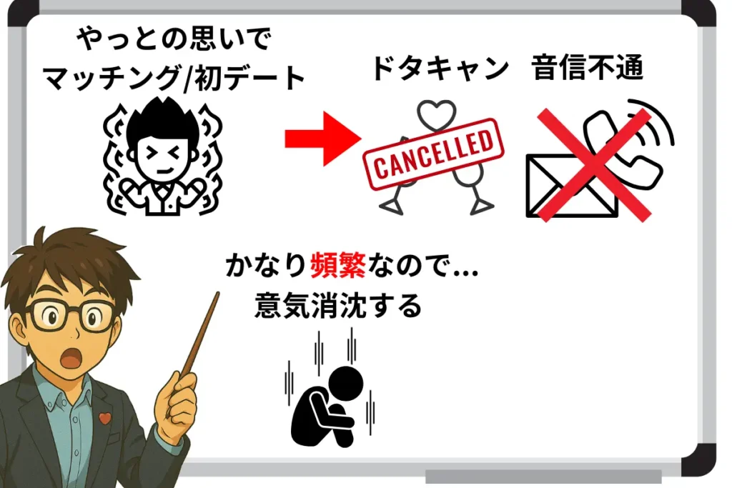 やっとの思いでマッチング/初デート
ドタキャン。音信不通になる
かなり頻繁なので意気消沈する