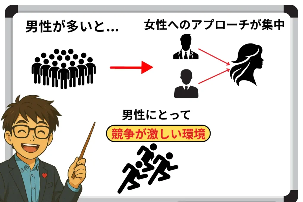 男性が多いと...
女性へのアプローチが集中する
男性とって競争が激しい環境