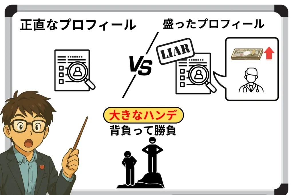 正直なプロフィール
VS
盛ったプロフィール
大きなハンデ背負って勝負