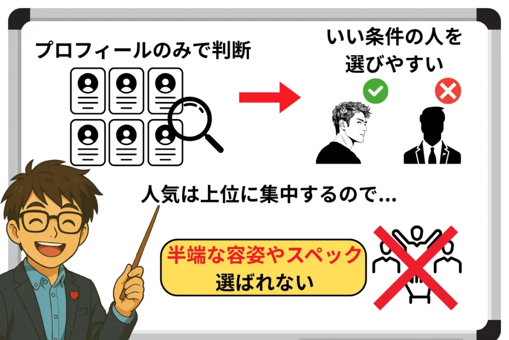 プロフィールのみで判断するので、いい条件の人を選びやすい
人気は上位に集中するので、半端な容姿やスペックは選ばれない